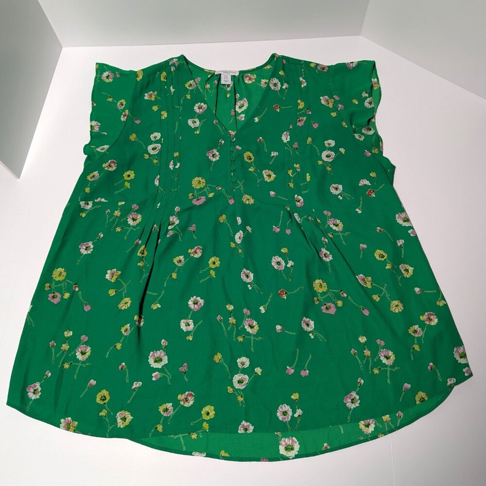 Carolina Belle Green V-Neck Hi-Low Pleated Floral Blouse Size 1X